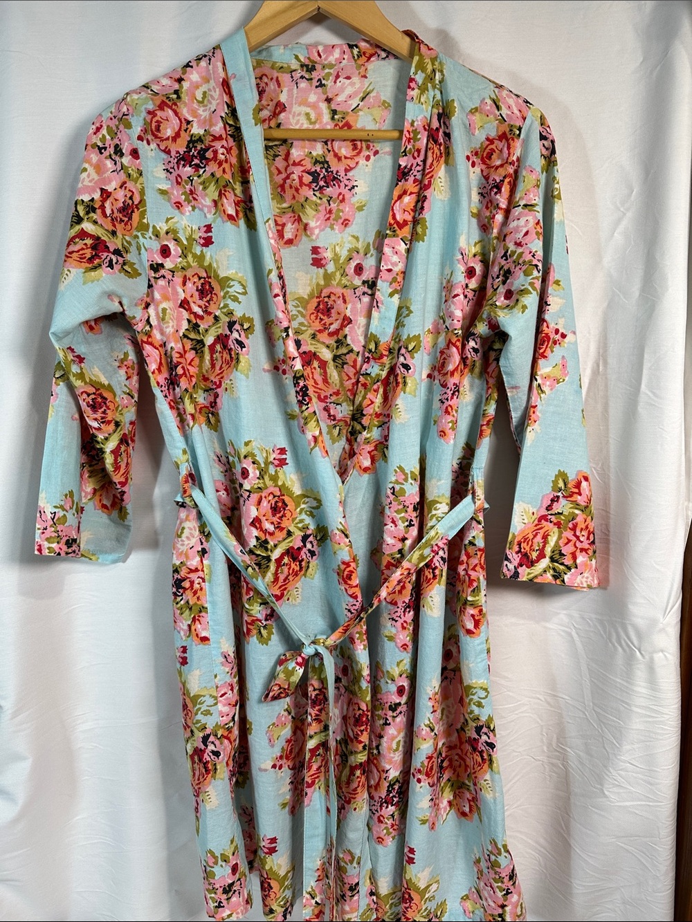 Floral Wrap Robe in Light Blue with Pink Roses - Women's Robe
